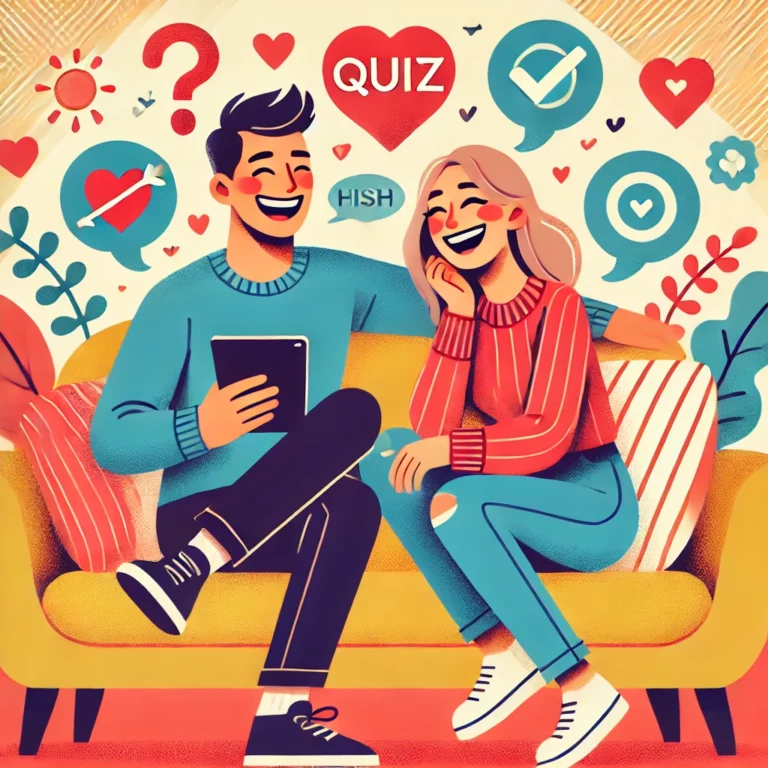 A fun and engaging illustration showing a happy couple enjoying a playful quiz together. They are sitting comfortably on a couch.