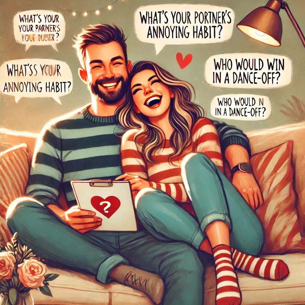 A couple sitting on a couch is enjoyong the time together by asking each other funny questions to strengthen their relationships. 