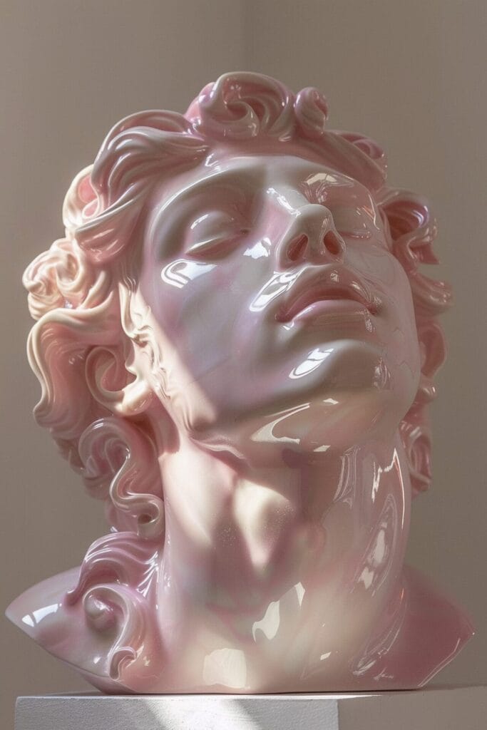 A glossy, pink-hued sculpture, displayed on a pedestal, invites contemplation on the different types of sexuality in relationships, capturing the diverse beauty of human connection.