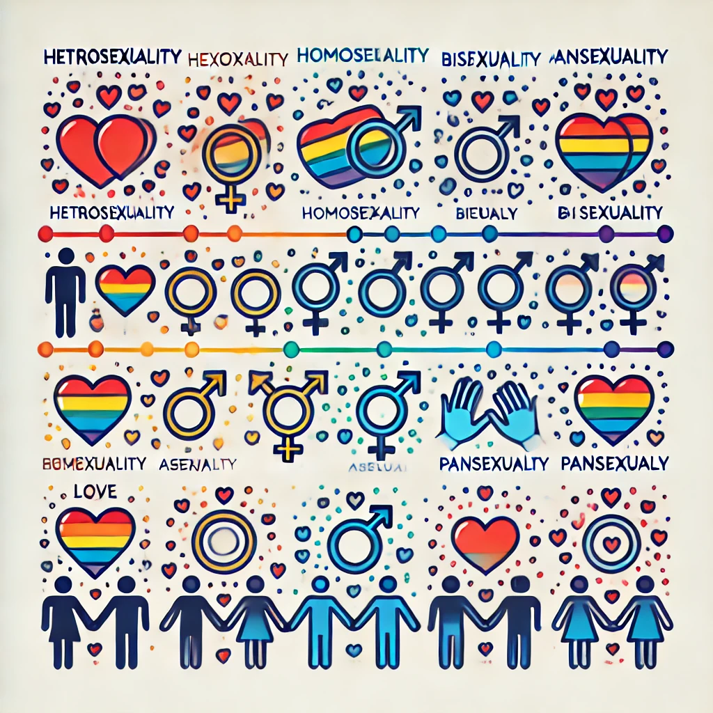 A dynamic graphic illustrating different types of sexuality in relationships, adorned with symbols such as hearts, gender icons and rainbow stripes, beautifully representing diversity and inclusivity.