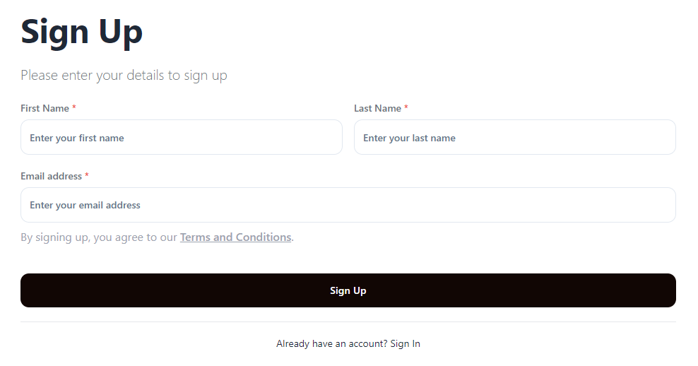 Sign-up form with fields for first name, last name, and email address. A "Sign Up" button is below the fields, along with a link to join our affiliate program or "Sign In" for existing accounts.