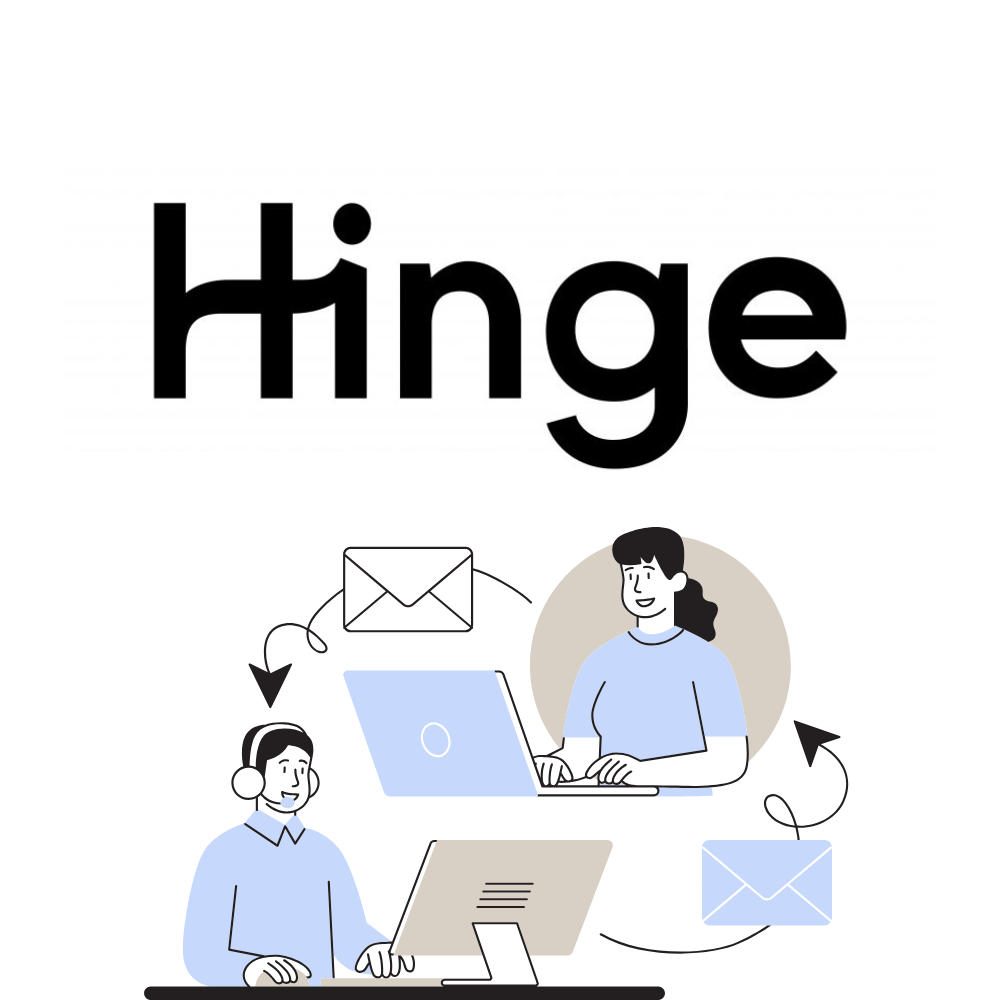 An illustration of the dating app logo "Hinge" showing a man and a woman communicating online.