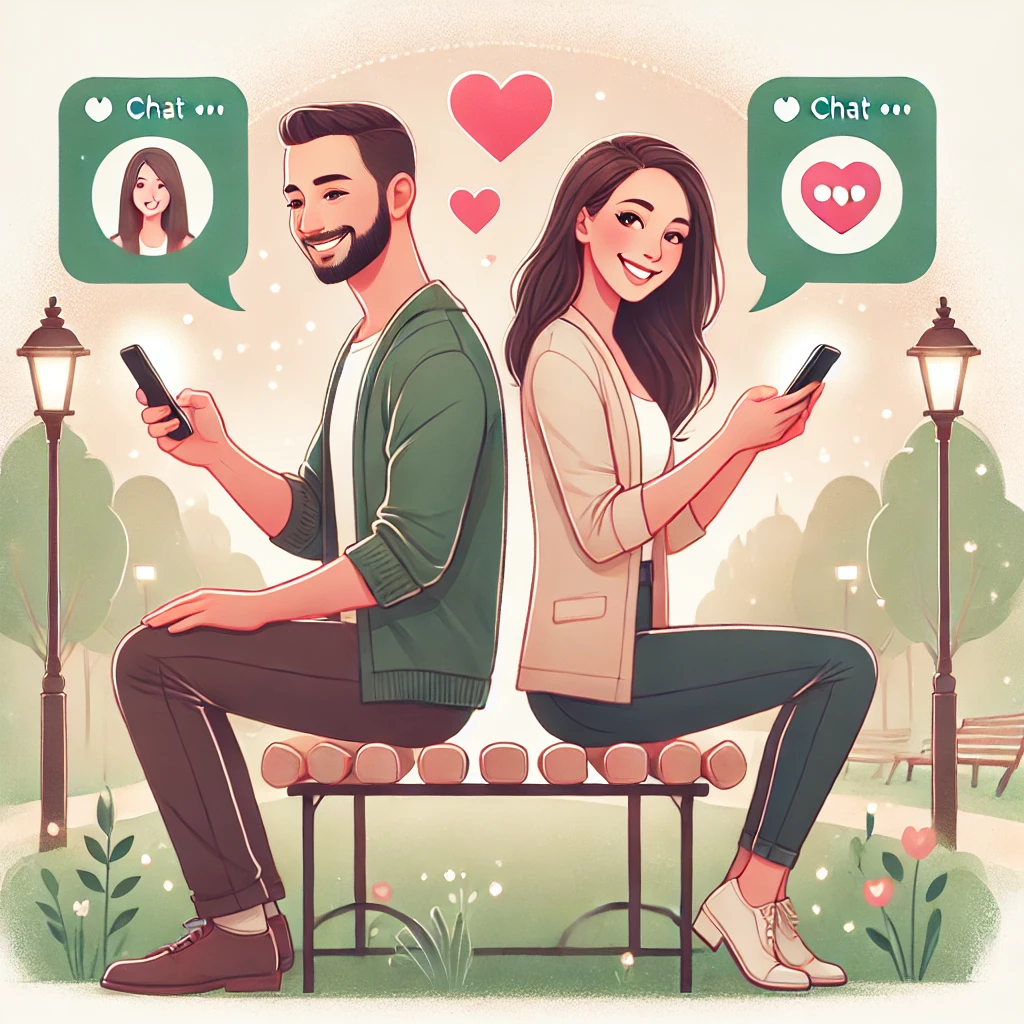 In a park decorated with hearts, a man and woman sit back to back on a bench, smiling as they exchange messages on dating apps. Chat bubbles float above them, hinting at the blossoming of serious relationships as they look forward to 2024.