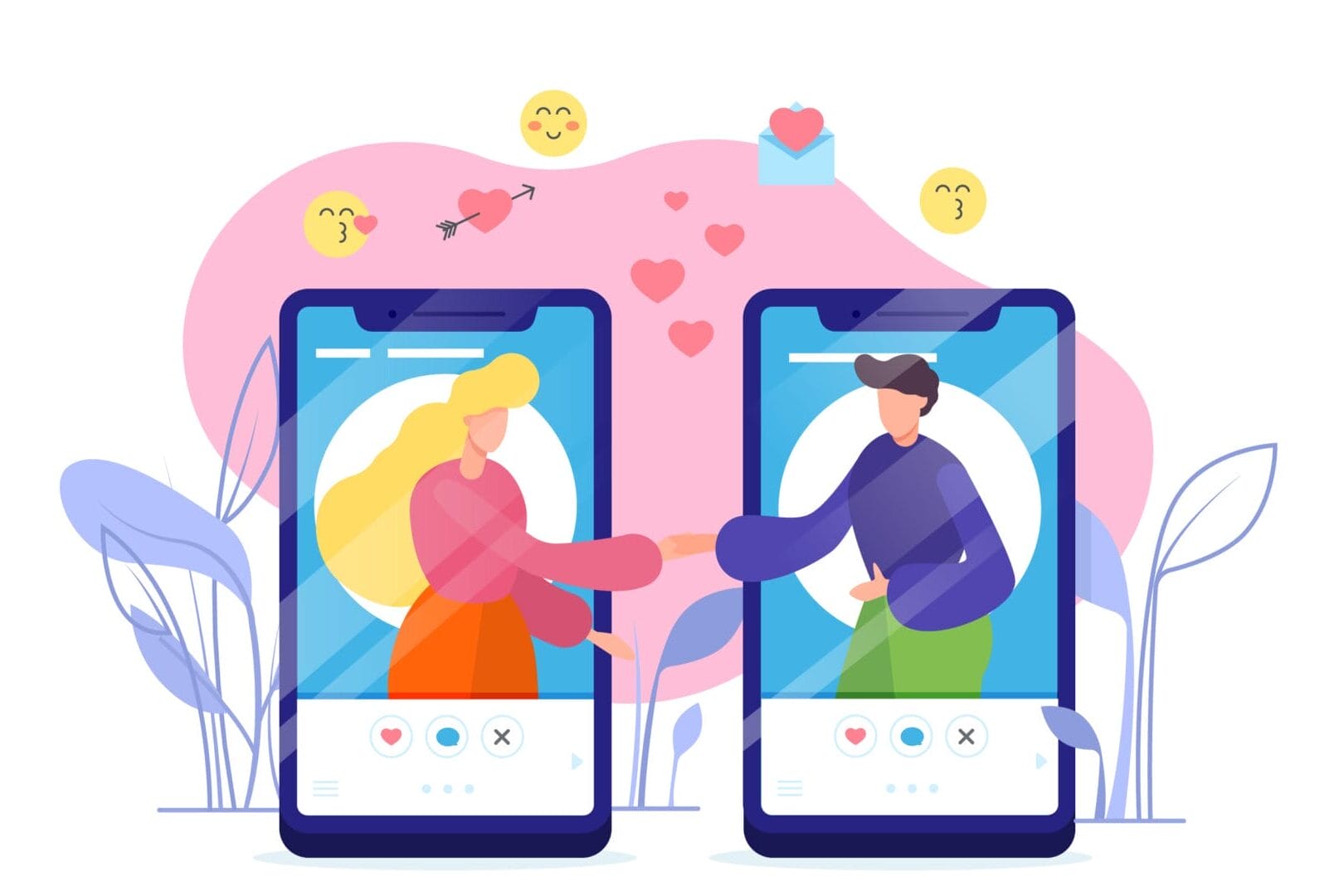 Illustration of two people on mobile screens shaking hands, surrounded by hearts and smiley faces, symbolizing the quest for serious relationships in 2024 through dating apps.