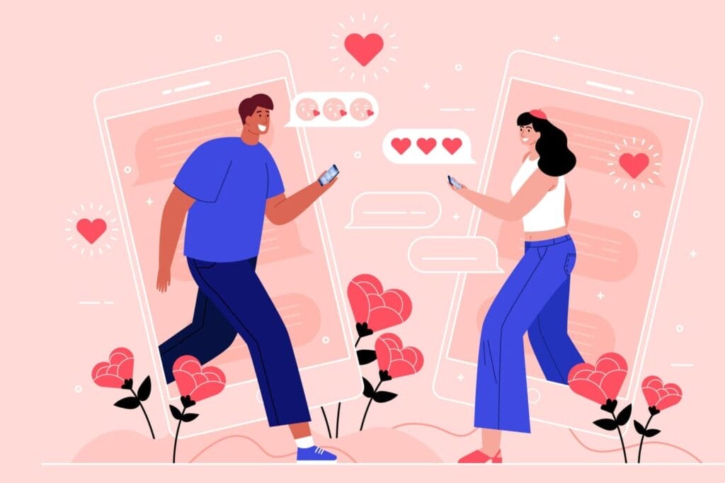 A 2024 illustration of a man and woman walking toward each other with phones, surrounded by roses and heart icons, elegantly captures the theme of online romance and the role dating apps play in fostering serious relationships.