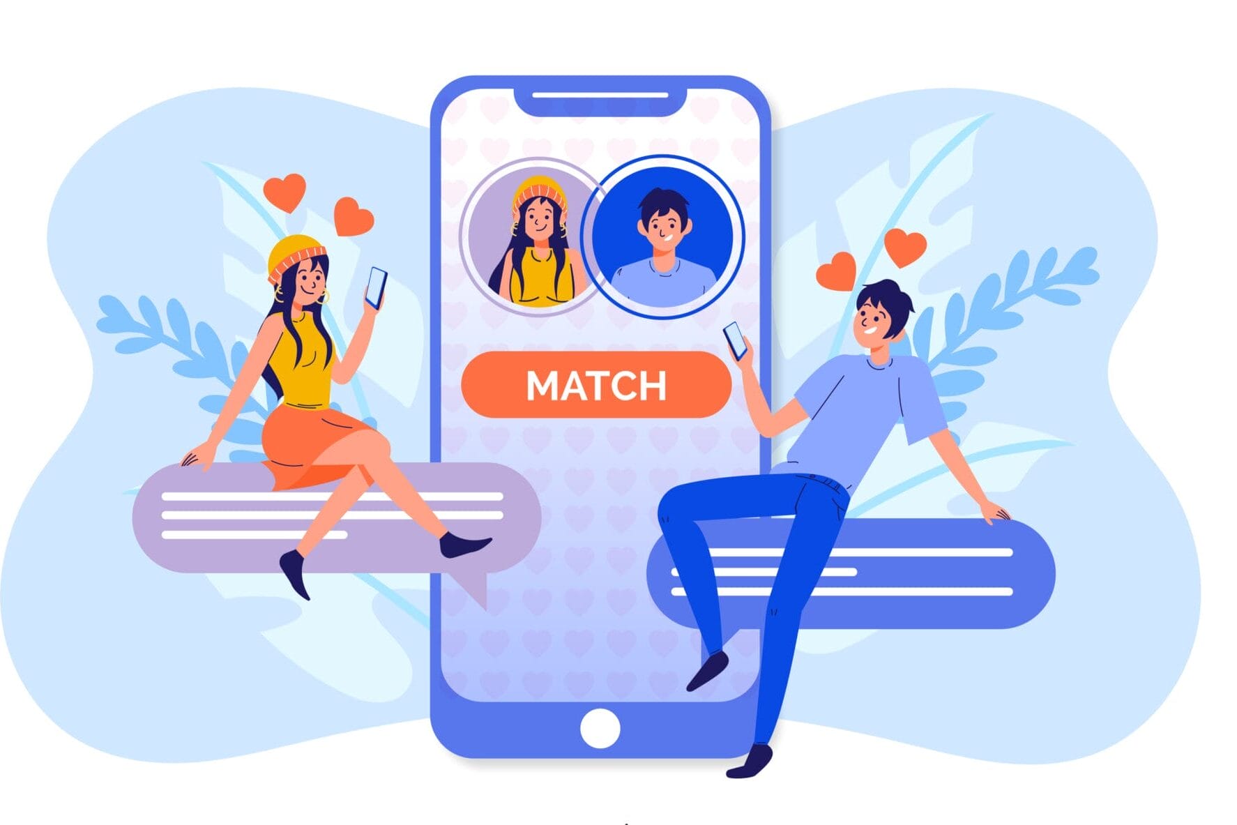 Illustration of two people sitting on smartphone showcasing a dating app screen that reads "MATCH." In 2024, dating apps are transforming connections into serious relationships, bridging hearts in the digital era.