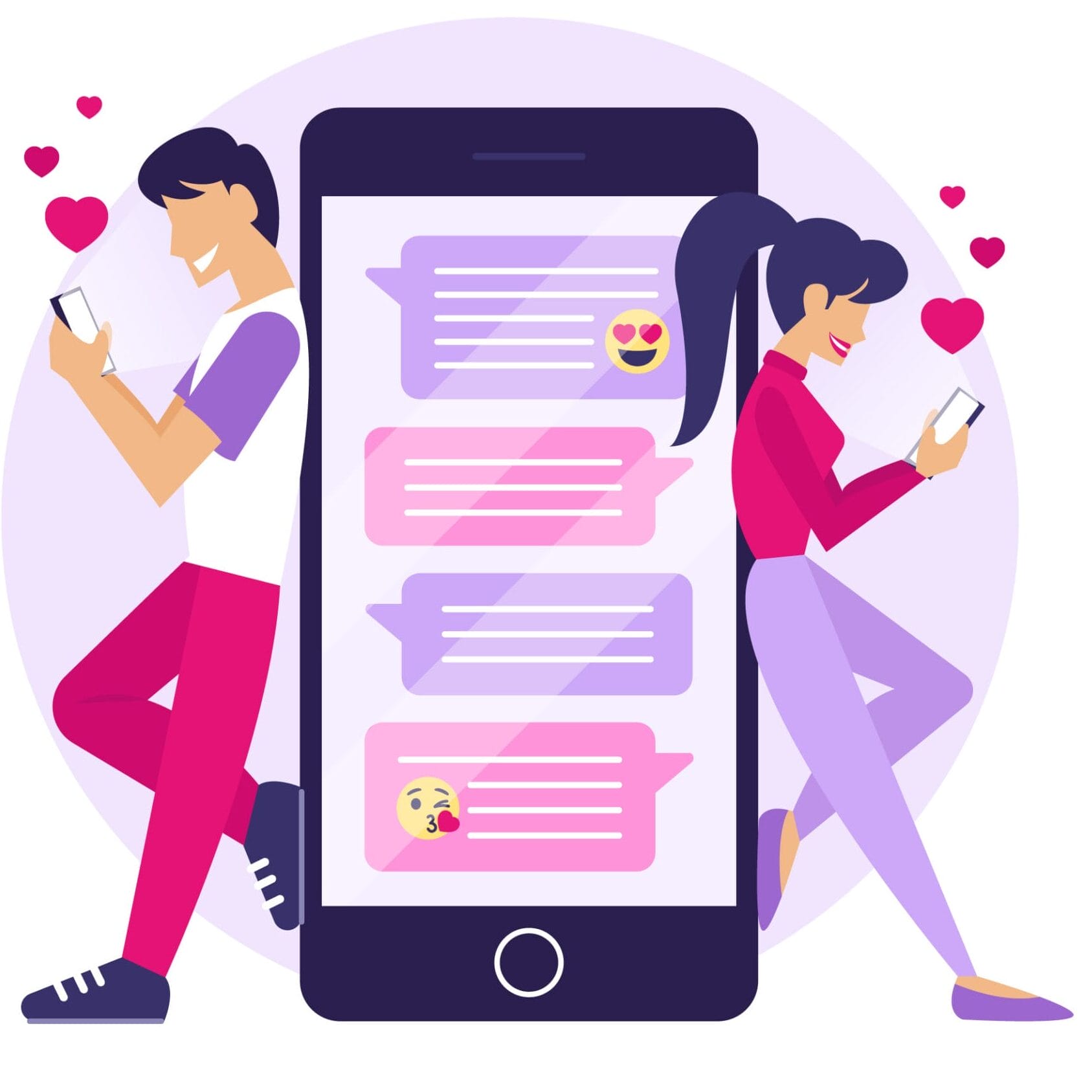 Illustration of a man and a woman leaning on a large smartphone, using dating apps in 2024 to exchange text messages with heart emojis, hinting at the beginning of serious relationships.